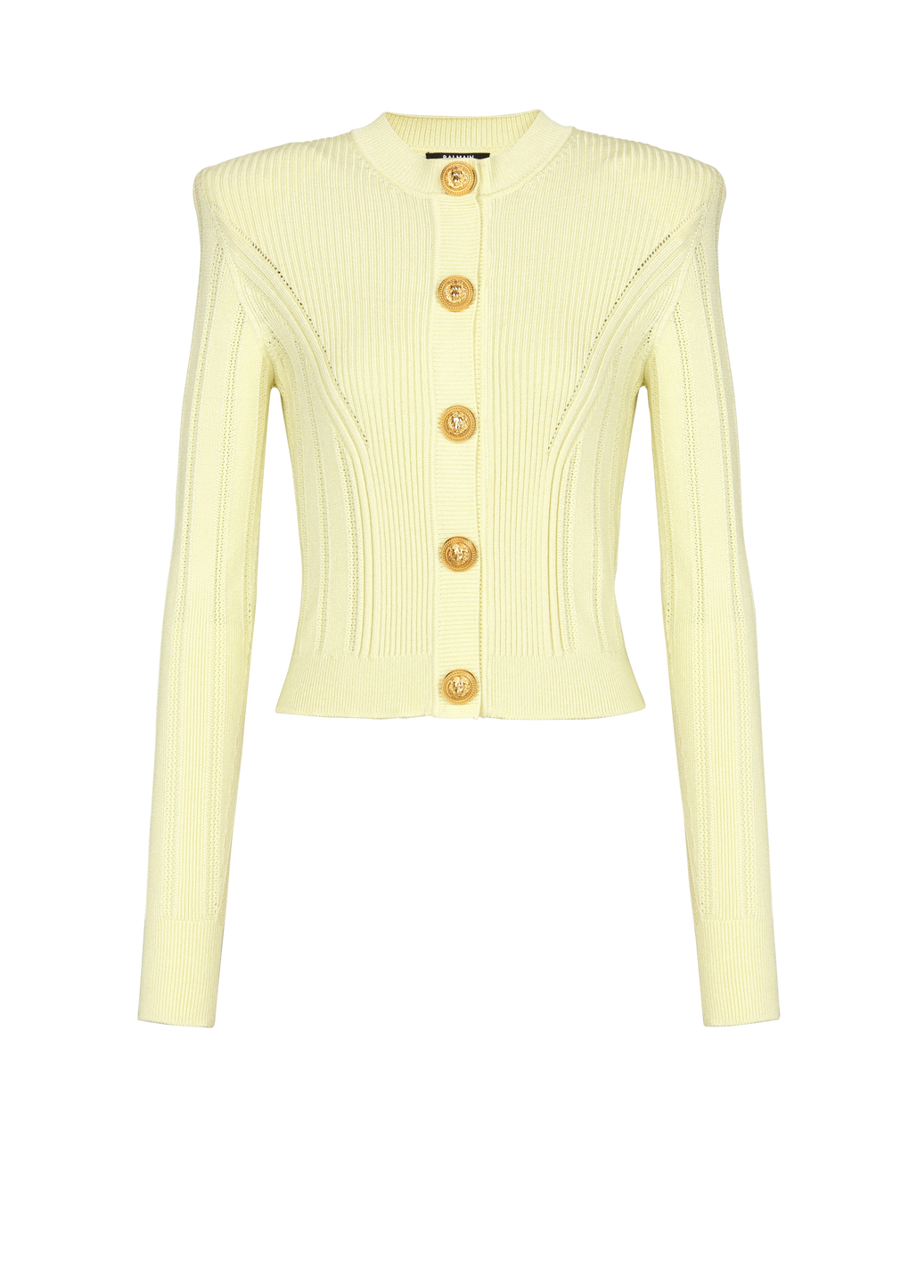 Knit cardigan with gold buttons, yellow, hi-res
