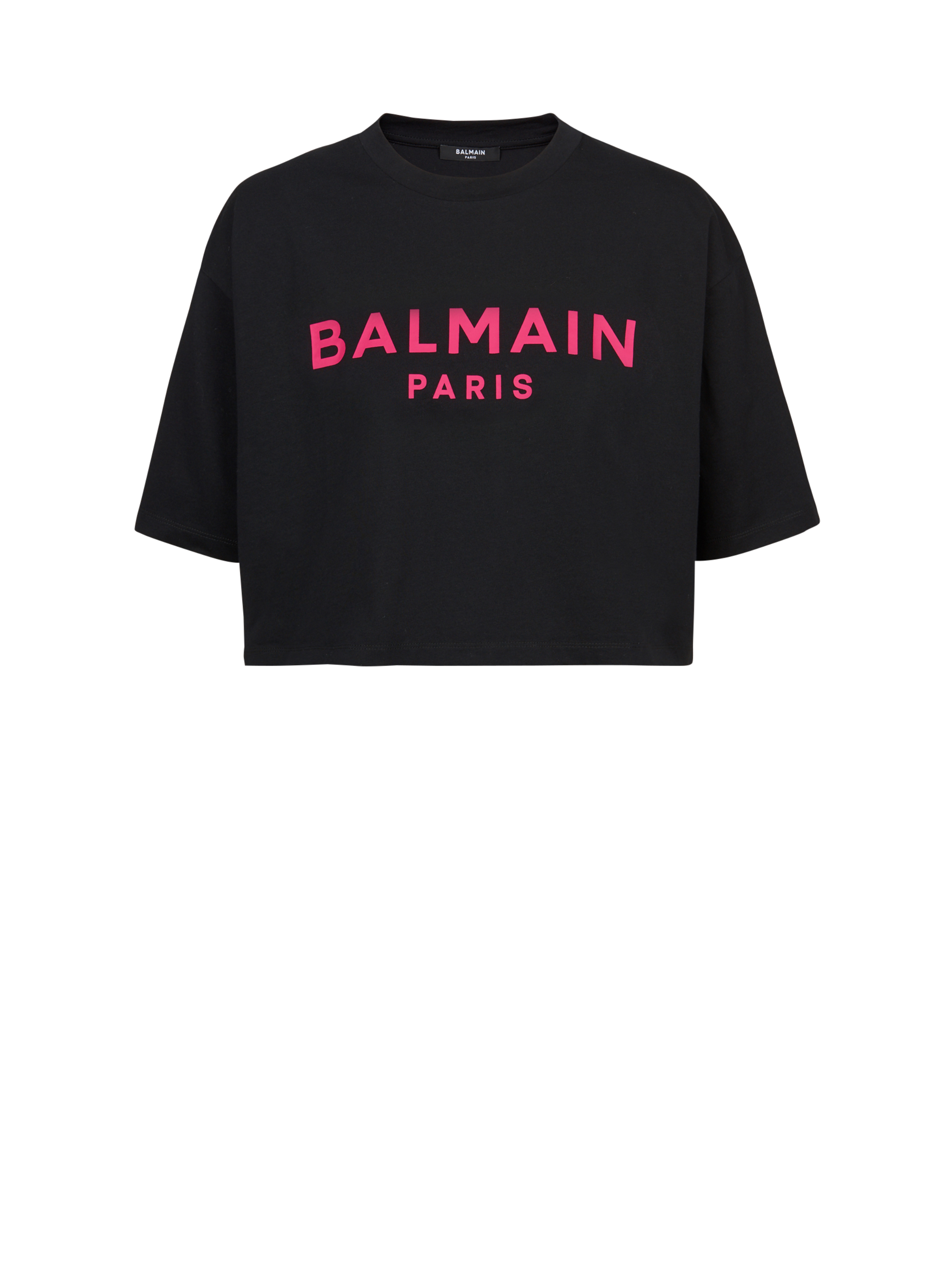 Cropped cotton T-shirt with Balmain logo print, pink