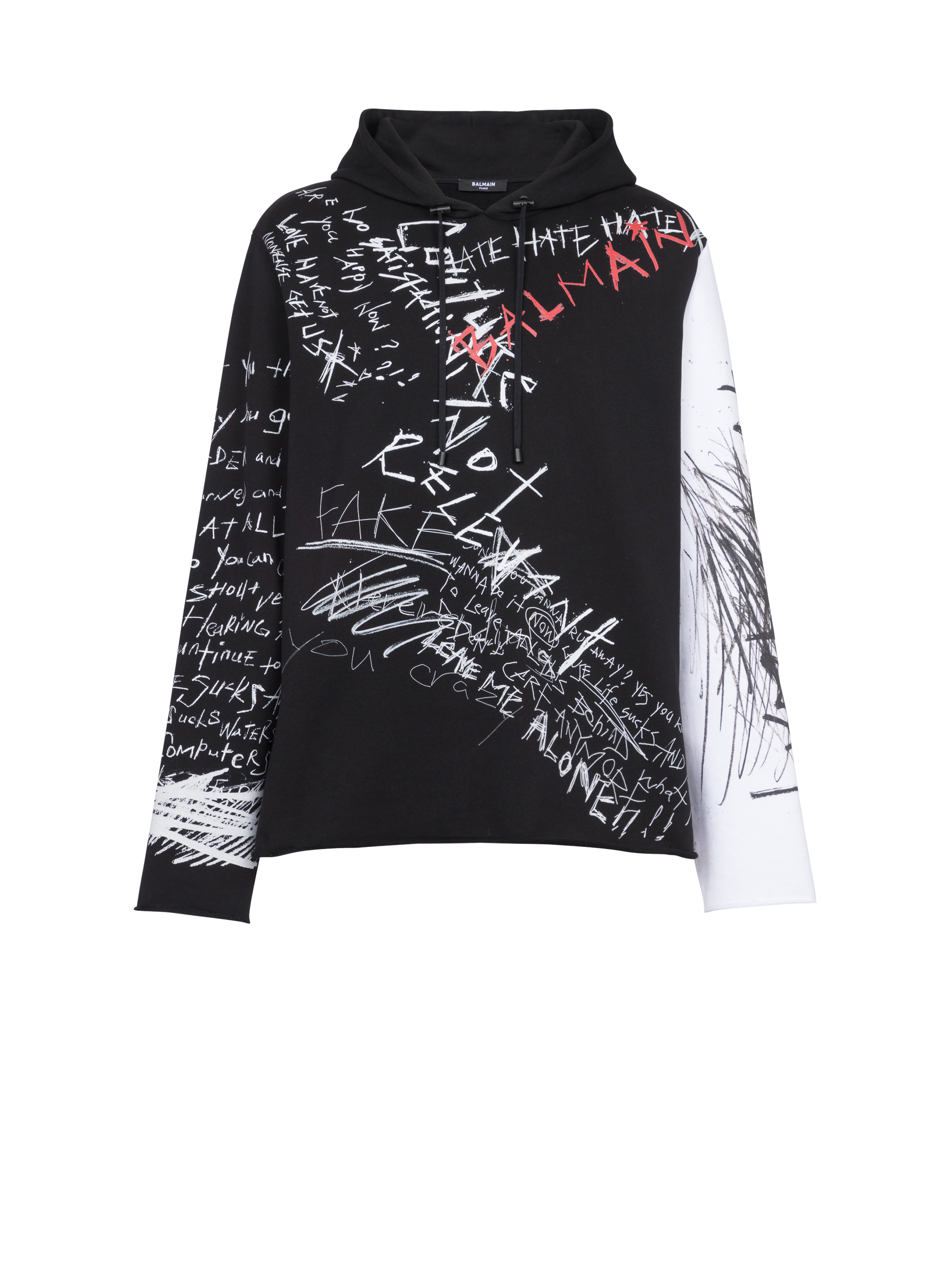 Hooded cotton sweatshirt with graffiti Balmain logo print, black