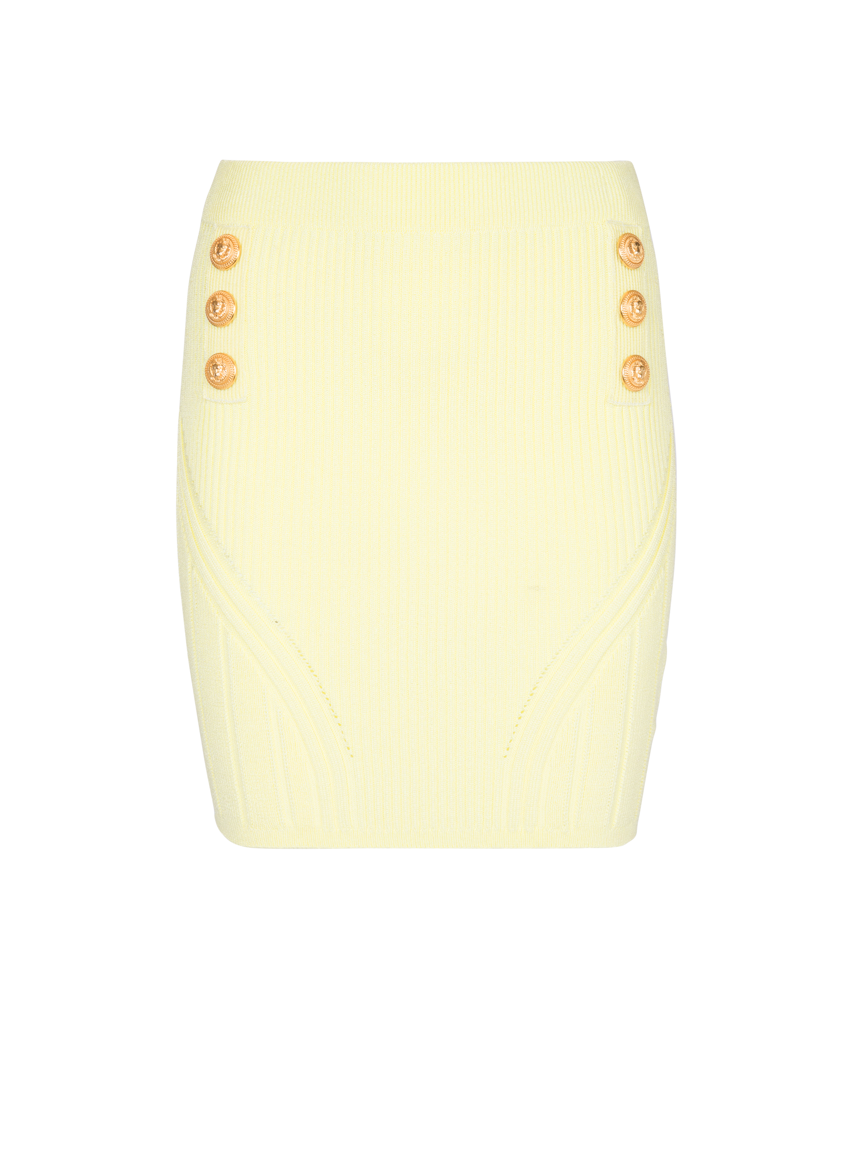 Short double-breasted knit skirt, yellow