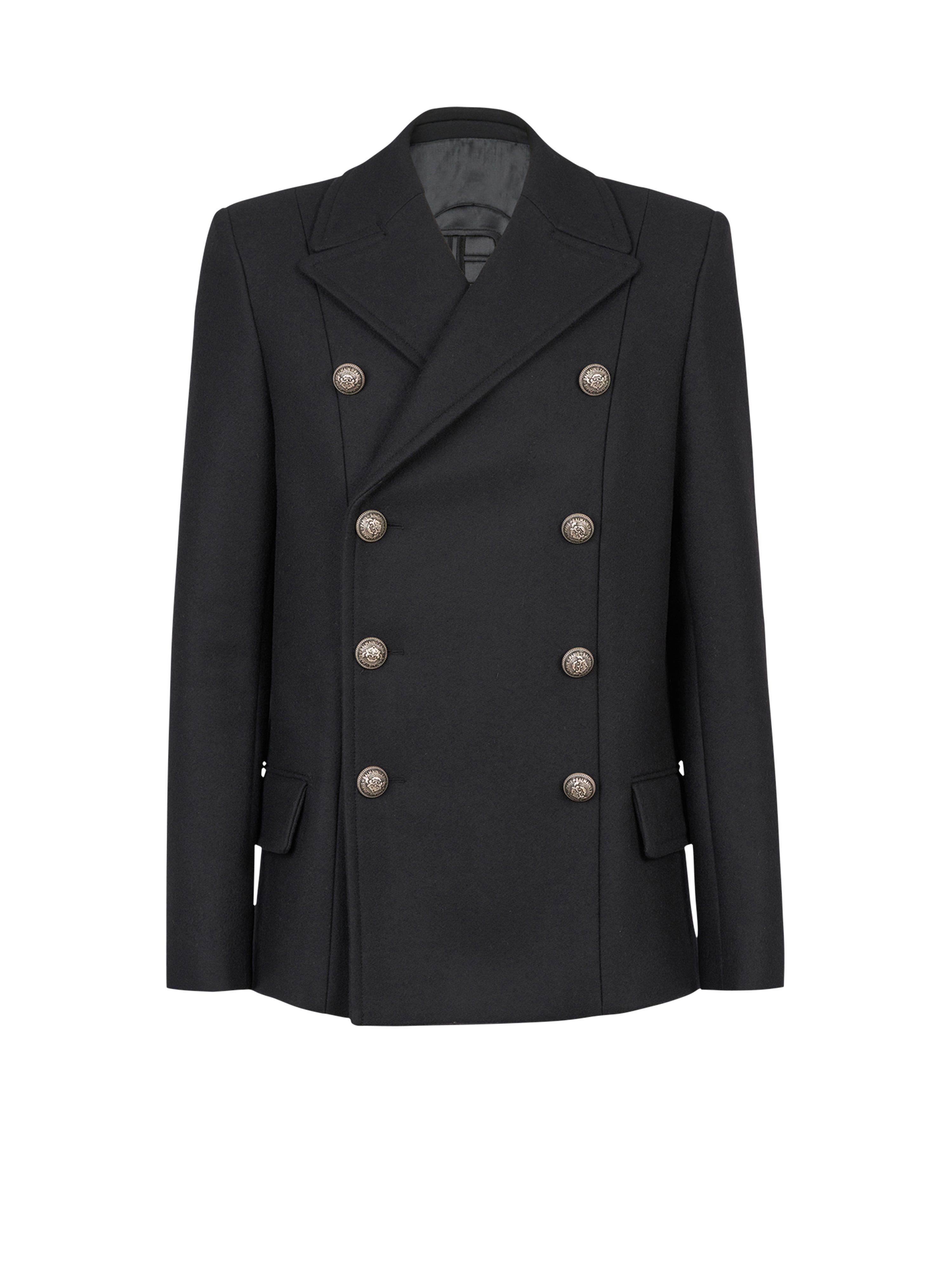 Wool pea coat with double-breasted silver-tone buttoned fastening, black
